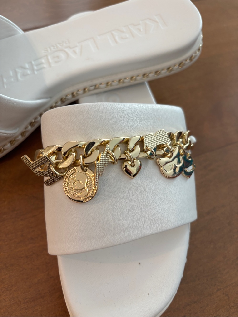 Karl Lagerfeld White Slide Sandals with Gold Charm Chain Accents - Picture 3 of 4